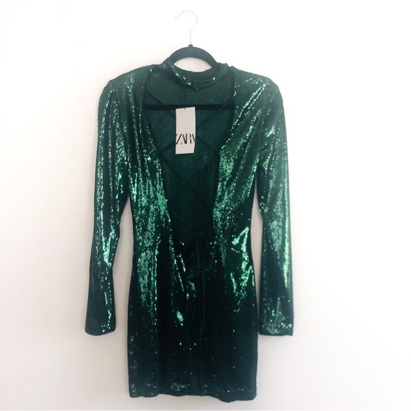 Zara Green Sequin Metallic Long Sleeve Sequin Mini Dress Size M NWT Holiday/NYE - Picture 7 of 15